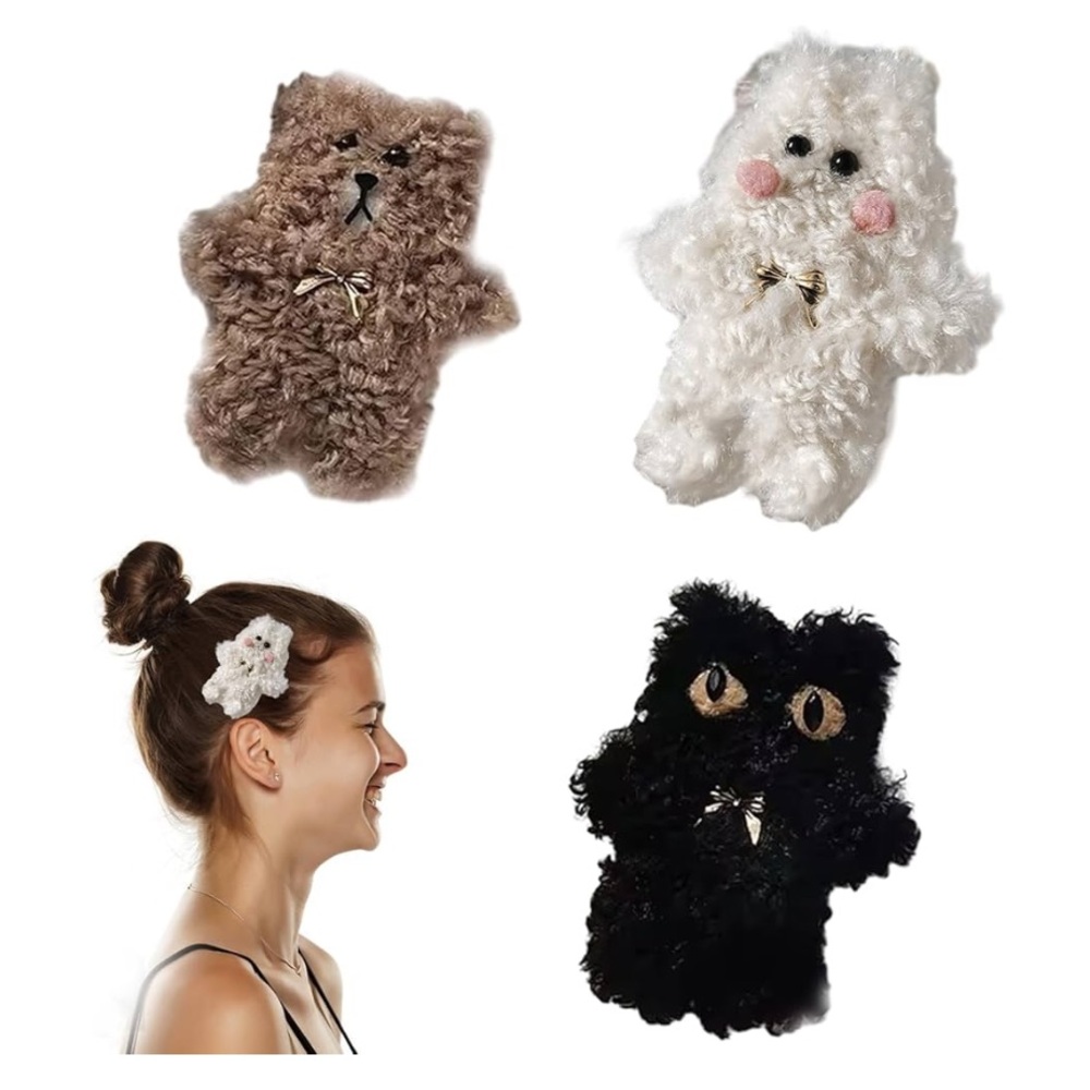 Furry Plush Hair Accessories Anti-Slip Hair Barrettes set 3 bear cat bunny new